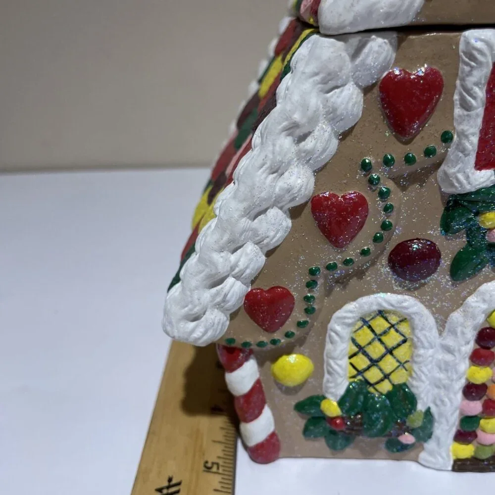 Vintage Handcrafted Gingerbread House Cookie Jar Canister Colorful Glitter 9